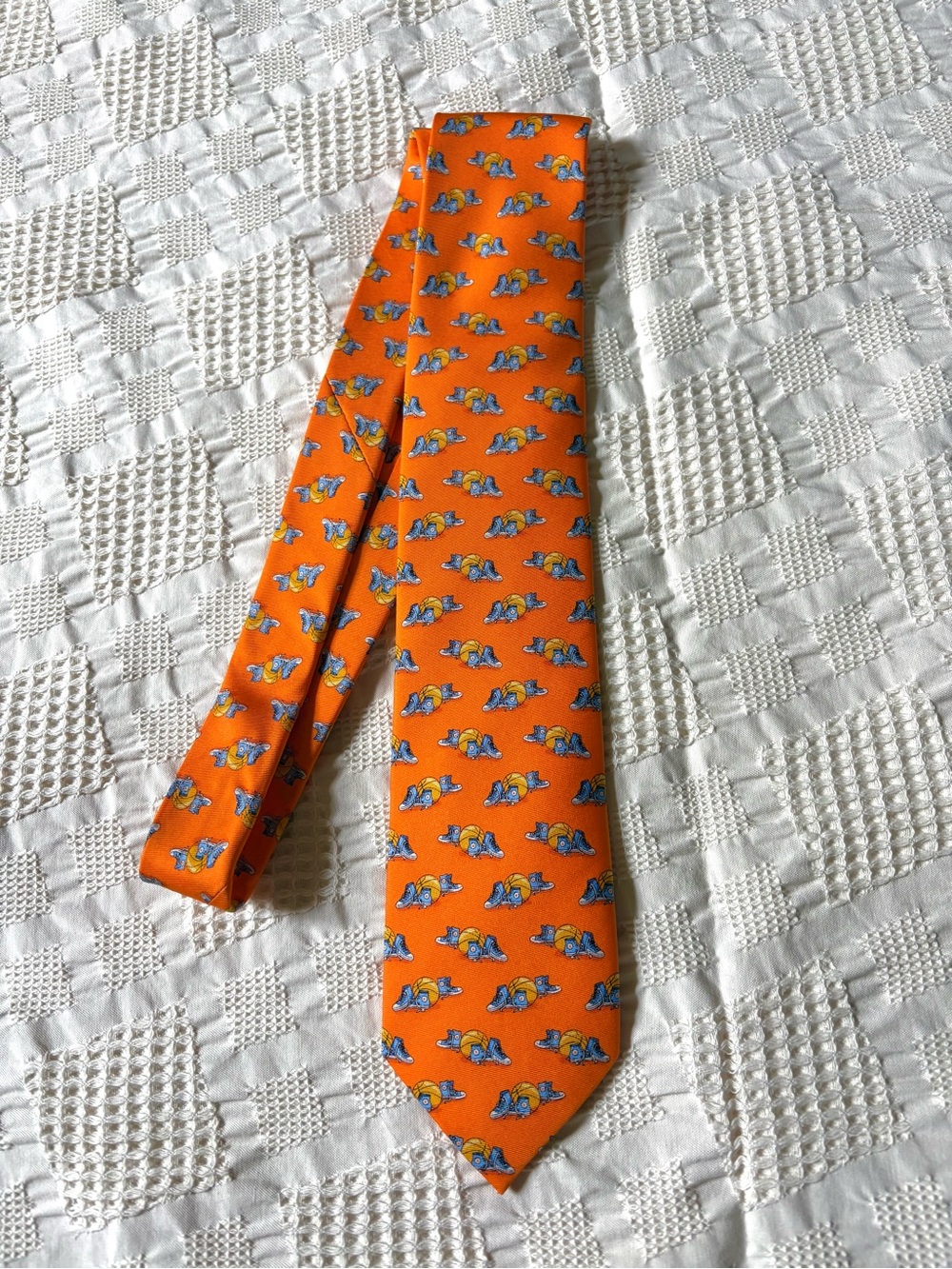 Bright Orange Bird Dog Bay 100% Silk Tie with Basketball Motif